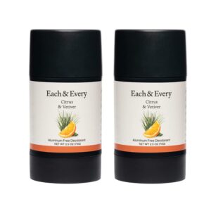 Each & Every 2-Pack Natural Aluminum-Free Deodorant for Sensitive Skin with Essential Oils, Plant-Based Packaging (Citrus & Vetiver, 2.5 Ounce (Pack of 2))